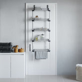 Silver over-the-door organizer with 5 shelves for efficient storage in small spaces.