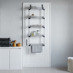 Silver over-the-door organizer with 5 shelves for efficient storage in small spaces.