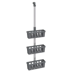Silver adjustable aluminum shower hanger with three rectangular tiered baskets and drainage holes