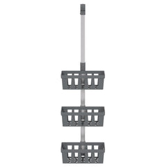 Silver 3-tier adjustable aluminum shower hanger shelf with three open baskets.