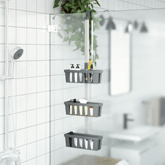 Silver 3-tier adjustable aluminum shower hanger shelf with baskets mounted on a pole in a tiled shower.
