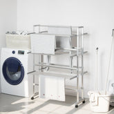 Silver 3-tier aluminum laundry drying rack with wheels and foldable design for easy storage.