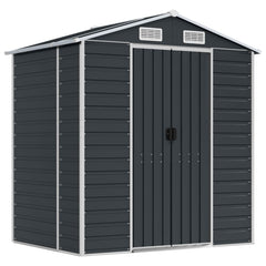 Anthracite galvanized steel garden shed with sloping roof and four air vents for moisture control.