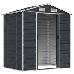 Anthracite galvanized steel garden shed with sloping roof and four air vents for moisture control.