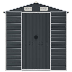 Anthracite galvanized steel garden shed with a sloping roof and four air vents for ventilation.