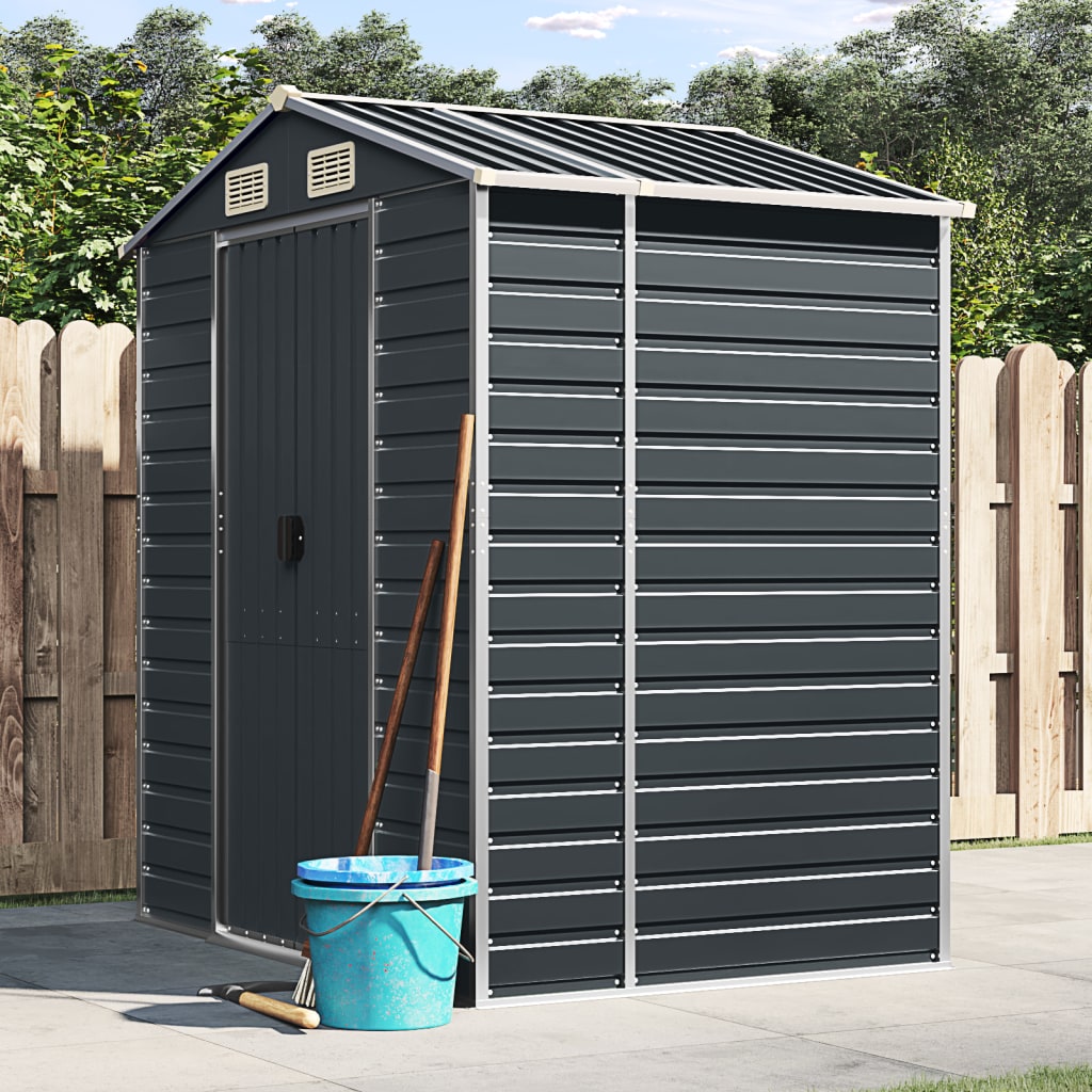 Anthracite galvanized steel garden shed with a sloping roof and four air vents for ventilation.