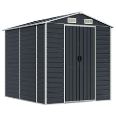Anthracite galvanized steel garden shed with double doors and vents, measuring 75.2x84.6x78 inches.