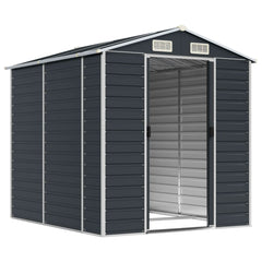 Anthracite galvanized steel garden shed with double doors, vents, and sloped roof, 75.2x84.6x78 inches.