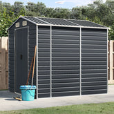 Anthracite galvanized steel garden shed with sloped roof, door, and four ventilation vents.