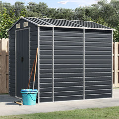 Anthracite galvanized steel garden shed with sloped roof, door, and four ventilation vents.