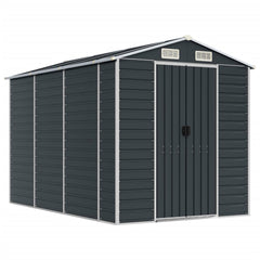 Anthracite galvanized steel garden shed with a sloping roof and four air vents for ventilation.