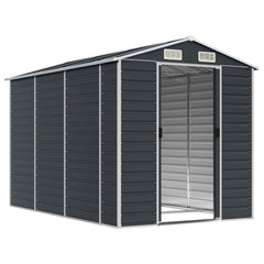 Bostome galvanized steel garden shed in anthracite with a sloping roof and four air vents.