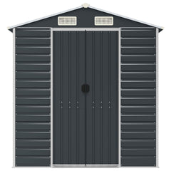 Bostome galvanized steel garden shed in anthracite with a sloping roof and four air vents.