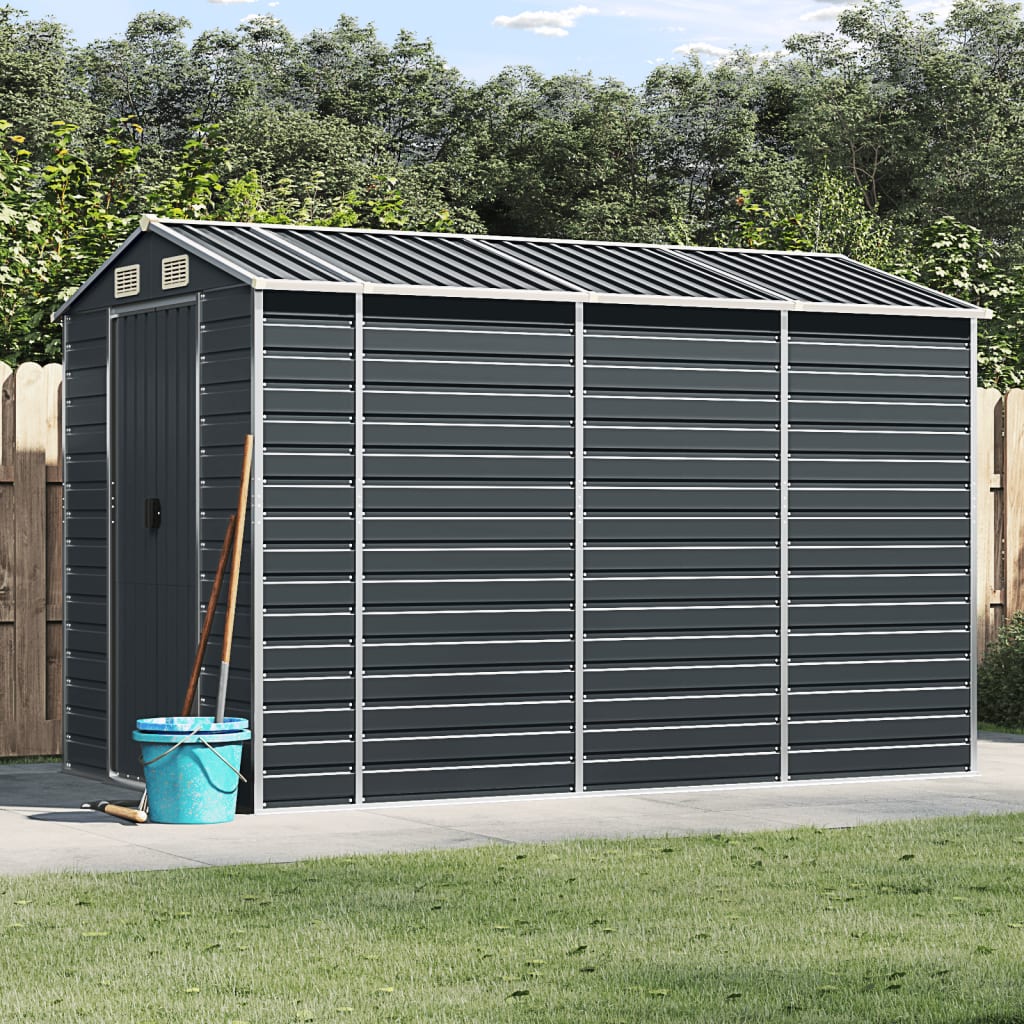 Anthracite galvanized steel garden shed with a sloping roof and four air vents for ventilation.