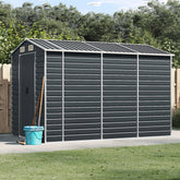 Anthracite galvanized steel garden shed with a sloping roof and four air vents for ventilation.