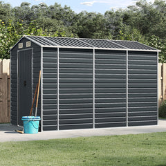 Anthracite galvanized steel garden shed with a sloping roof and four air vents for ventilation.