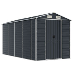 Anthracite galvanized steel garden shed with a sloping roof and four ventilation vents.