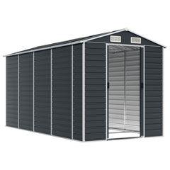 Anthracite galvanized steel garden shed with sloping roof and four vents for moisture control.