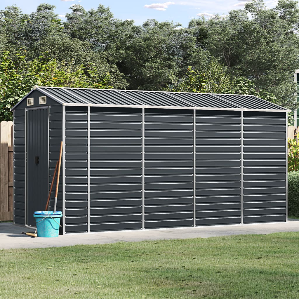 Galvanized steel garden shed in anthracite with a sloping roof and four ventilation vents.
