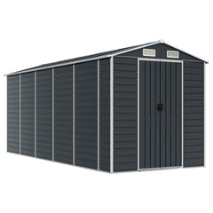 Bostome galvanized steel garden shed in anthracite with a sloping roof and four air vents.