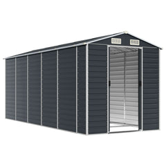 Bostome galvanized steel garden shed in anthracite with sloping roof and air vents.