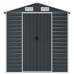 Bostome galvanized steel garden shed in anthracite with sloping roof and air vents.