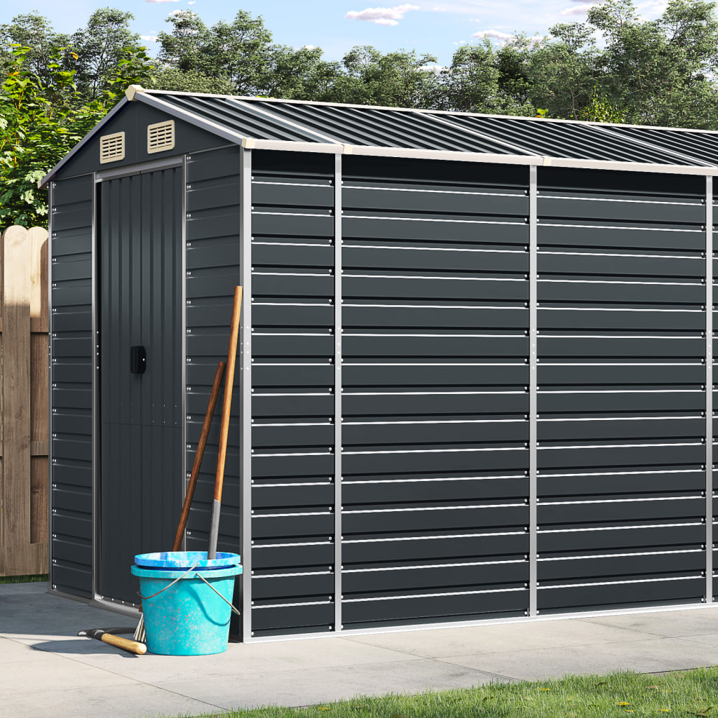 Anthracite galvanized steel garden shed with sloping roof and ventilation, measuring 75.2x185x78cm.