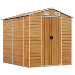 Light brown galvanized steel garden shed with a sloped roof and ventilation vents.