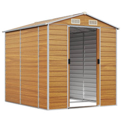 Light brown galvanized steel garden shed with a sloped roof and air vents for ventilation.