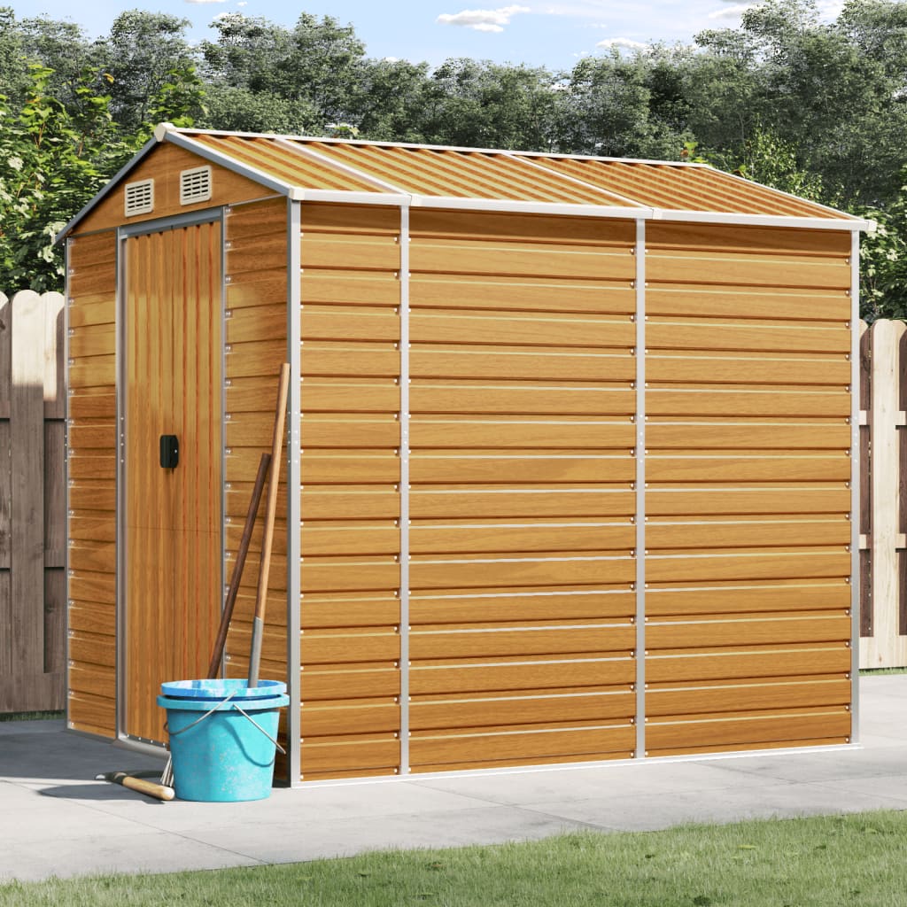 Light brown galvanized steel garden shed with a sloped roof and ventilation for outdoor storage.