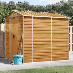Light brown galvanized steel garden shed with a sloped roof and ventilation for outdoor storage.