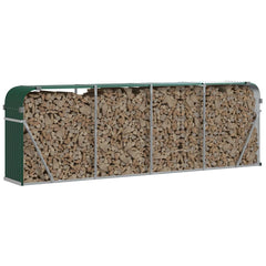 Green galvanized steel log holder with stacked firewood, measuring 118.1x17.7x39.4 inches.