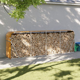 Light brown galvanized steel log holder with firewood stacked inside, 118.1x17.7x39.4 inches.