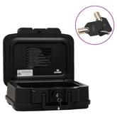 Black Bostome fireproof waterproof safe box, 15x12.8x6.5 inches, open with key lock.