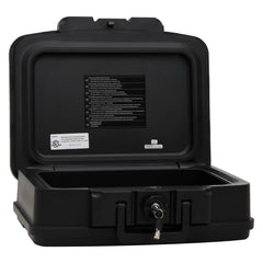 Black Bostome fireproof waterproof safe box, 17.3x14.6x6.5 inches, open with keyed lock.