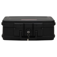 Black fireproof waterproof safe box with keyed lock and handle, 17.3x14.6x6.5 inches.