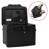 Black Bostome fireproof waterproof safe box with key lock, open view, and keys.
