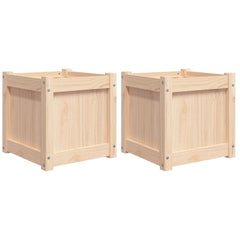 Set of 2 solid pine wood garden planters with cubic shape and natural finish.