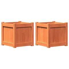 Two square wax brown solid pine wood garden planters, set of 2.