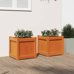 Set of 2 wax brown pine wood garden planters with flowers, square and sturdy design.