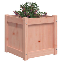 A square 15.7-inch Douglas wood garden planter containing purple-flowering plants.