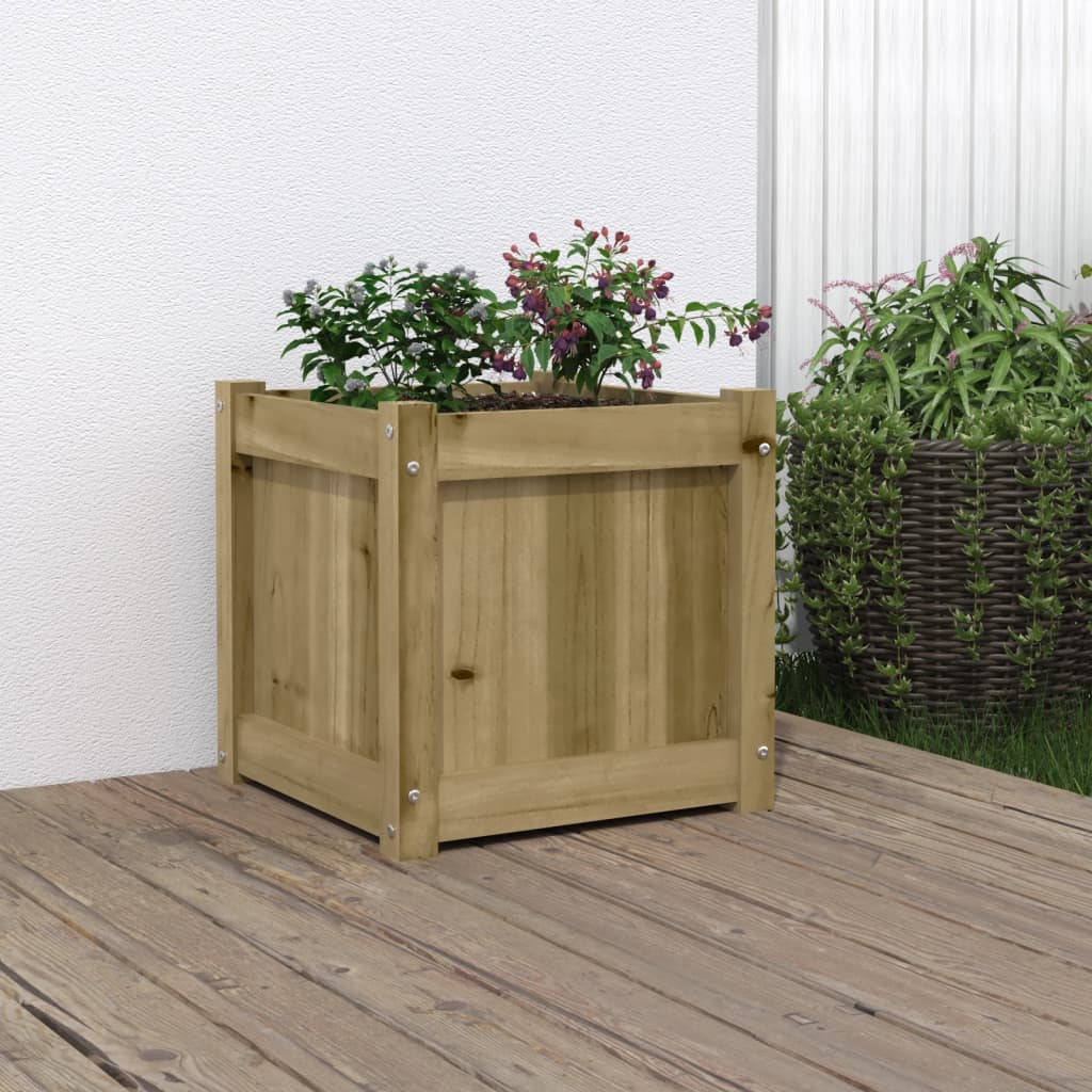 Square pine wood garden planter with plants, natural wood finish, 15.7 inches wide.