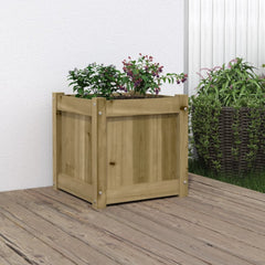 Square pine wood garden planter with plants, natural wood finish, 15.7 inches wide.