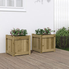 Two square pine wood garden planters with flowers, each 15.7 inches tall.