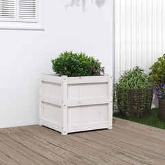 White solid pine wood garden planter, 19.7x19.7x19.7 inches, with green boxwood plant.
