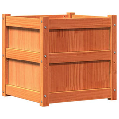 A square 19.7-inch wax brown solid pine wood garden planter with slatted sides.