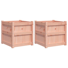 Two solid Douglas wood cube garden planters, set of 2, with natural wood finish.