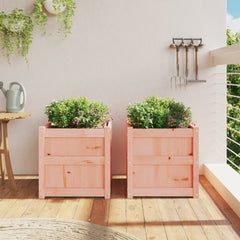 Two pink solid Douglas wood cube garden planters with green plants on a balcony.