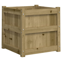 Square pine wood garden planter with visible knots and reinforced corners