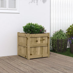 Square wooden garden planter made of impregnated pine, measuring 19.7 inches, with a bush inside on a deck.